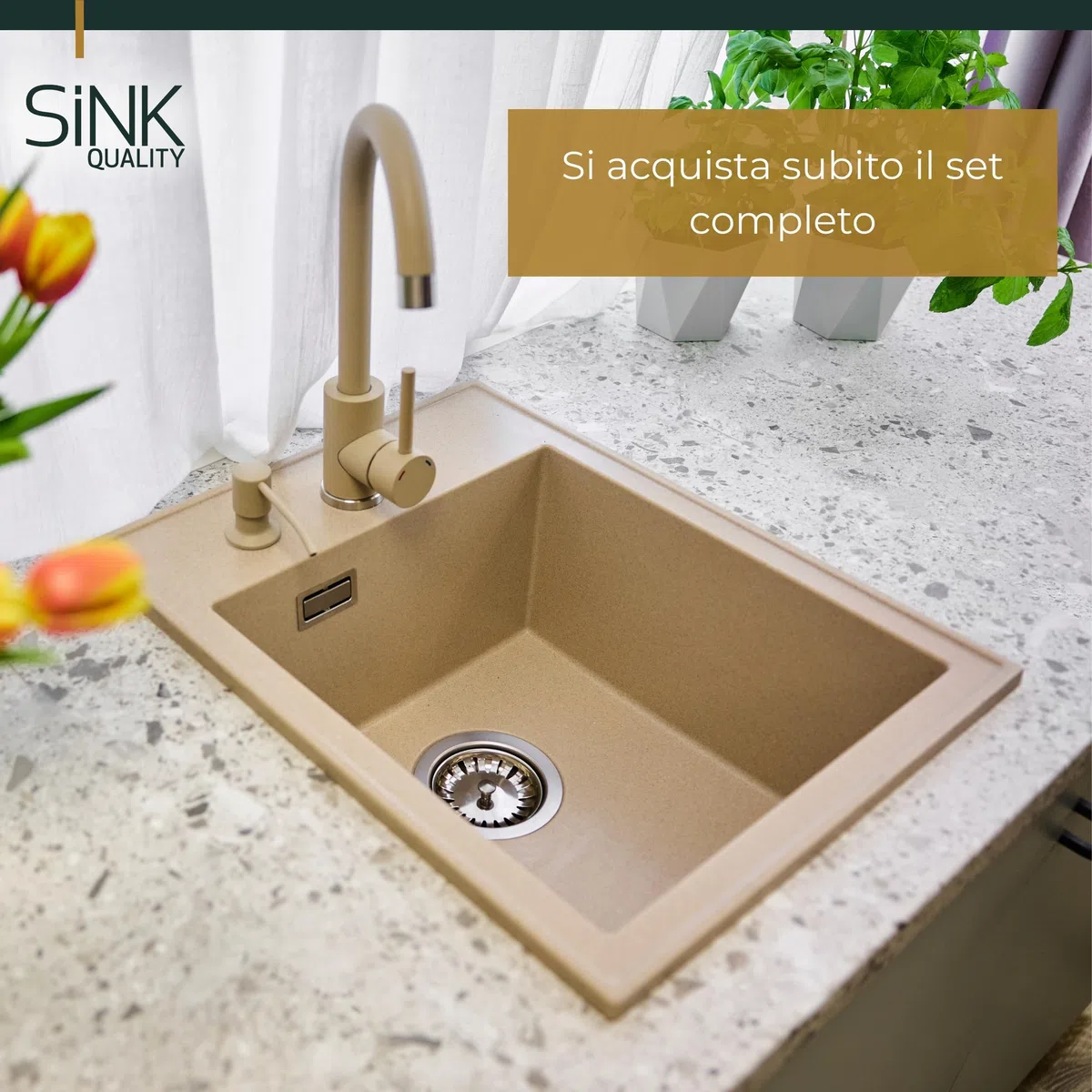 SINK QUALITY - Set completo di lavello in granito, 40 x 50 cm, con rubinetto da cucina, dispenser di sapone, sifone e impregnazione, lavello senza scolapiatti per mobiletti a partire da 40 cm di
