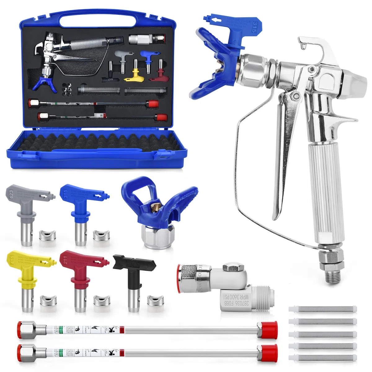 Set 16 pezzi di kit airless pistola a spruzzo, dotata di protezione della testa dell'ugello e teste di ugello reversibili, 2 aste di estensione e giunti girevoli, così come filtri e scatole