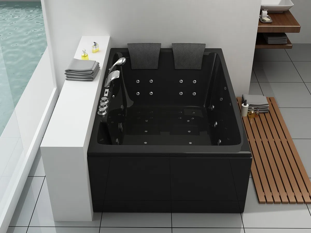 Whirlpool Torino, 180 x 120 cm, colore nero, vasca idromassaggio per interni per 2 persone con 14 idrojet e 8 airjet, riscaldamento, luce a LED, sistema audio Bluetooth e cascata