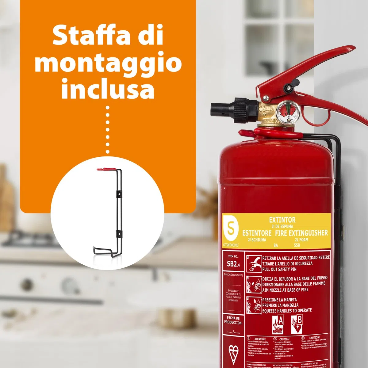 Smartwares Estintore a Schiuma - 2 Litri - AB - Incluso Supporto, Certificato BSI - FEX-15222, rosso