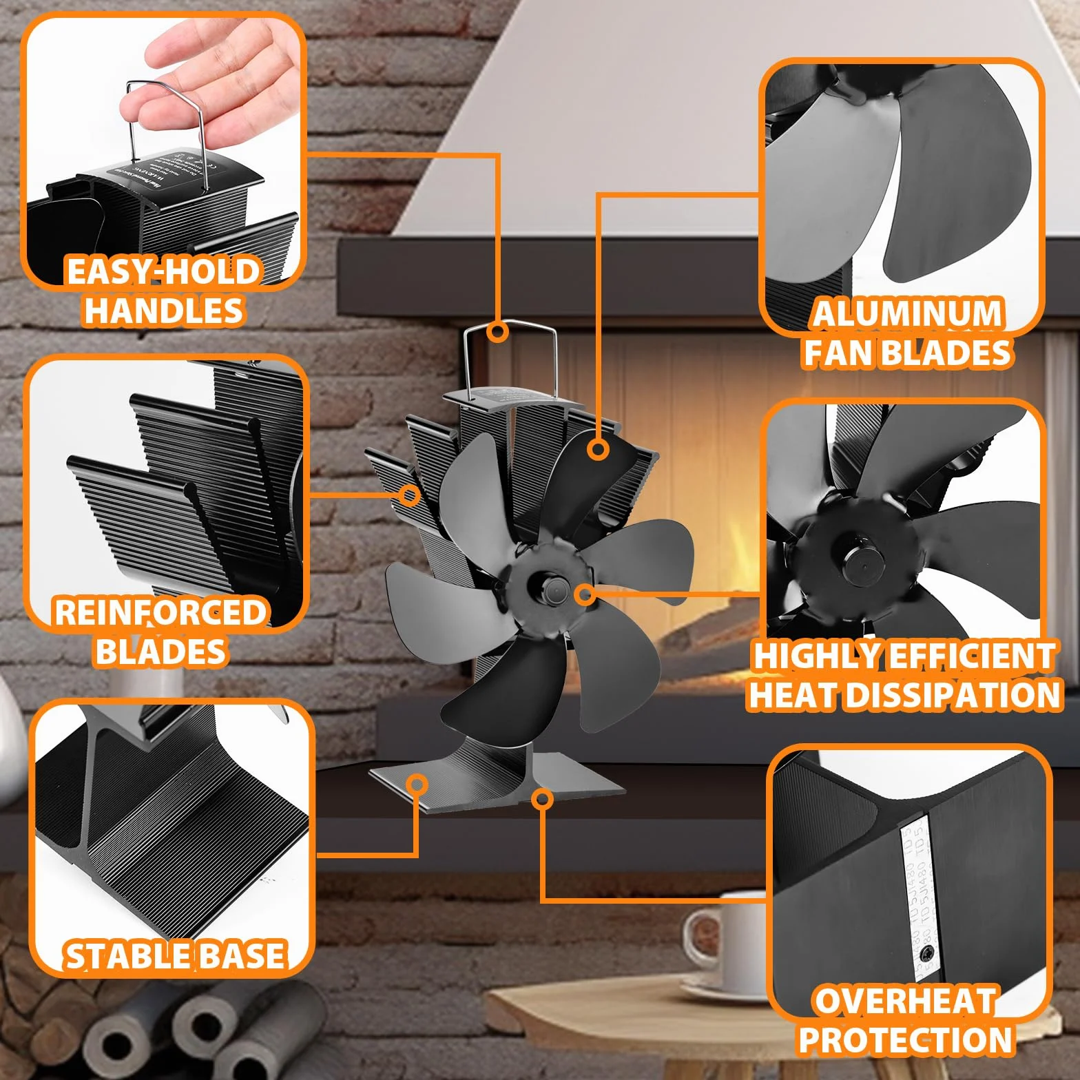 KAEFUYS Ventilatore per Stufa a Legna, Ventola da Caminod con 6 Pale, Ventola Stufa Silenzioso Distribuzione Efficiente del Calore, Ventilatore per Camino per Bruciatore di Tronchi Stufa