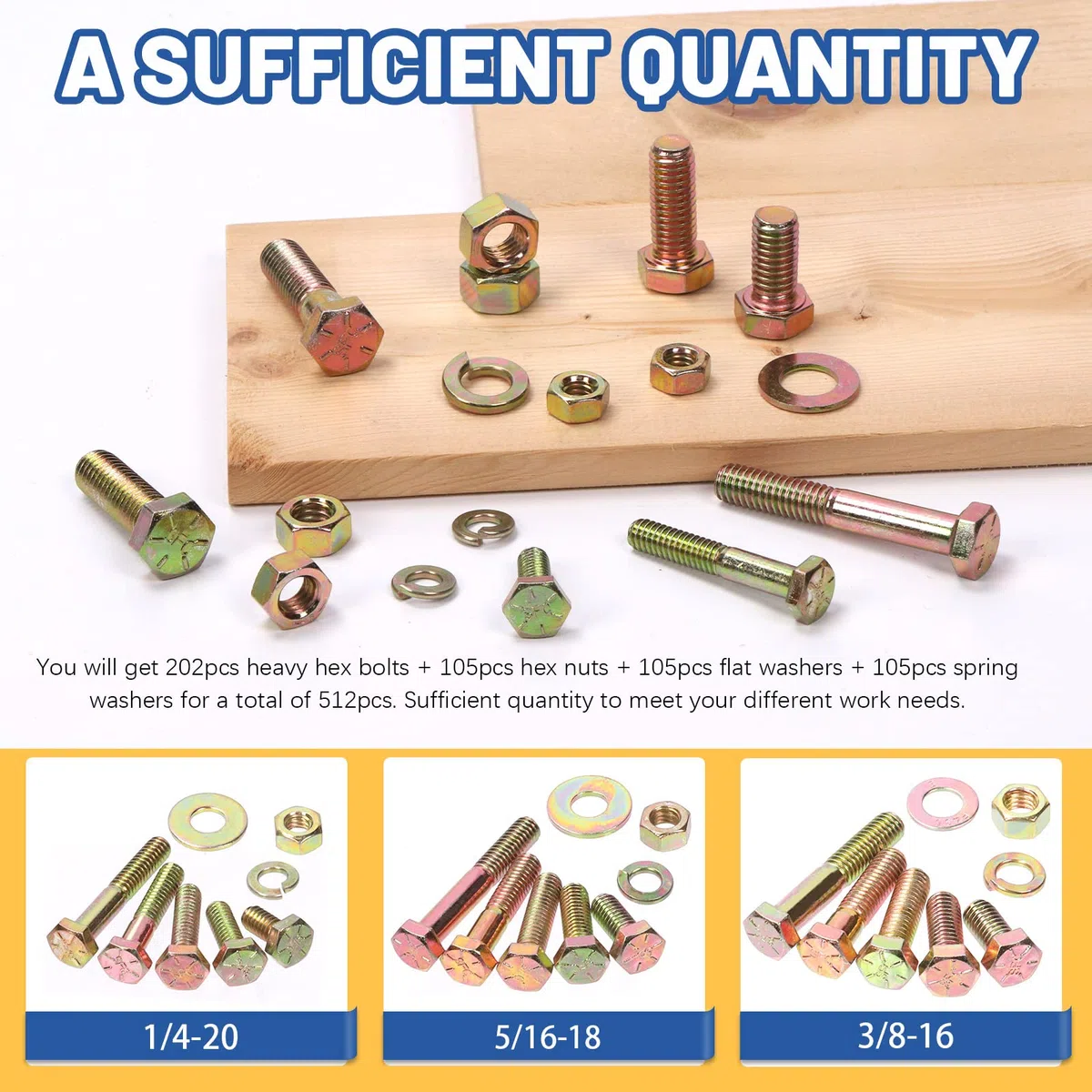 Glarks 512 pezzi di grado 8 bulloni esagonali a filettatura grossa Dadi Viti Rondelle Kit Assortimento, 1/4-20 5/16-18 3/8-16 pollici 15 dimensioni viti a testa esagonale e dadi esagonali rondelle