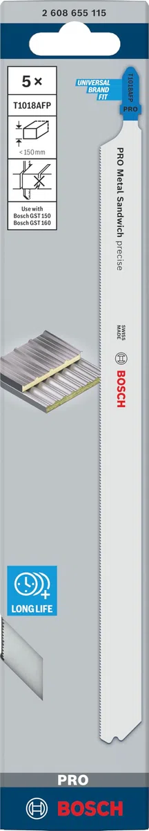 Bosch PRO Metal Sandwich precise T1018AFP - 5 lame per seghetto alternativo (per metallo sandwich, metallo sandwich, lunghezza 250 mm, accessori professionali)